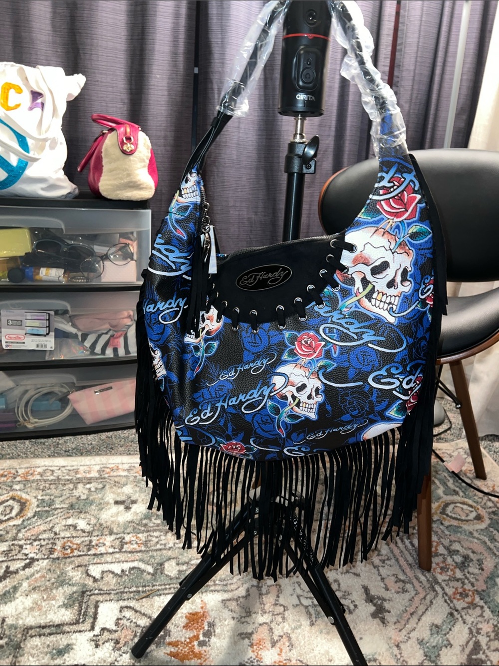 Ed Hardy Blue Skull & Rose Fringe Shoulder Bag